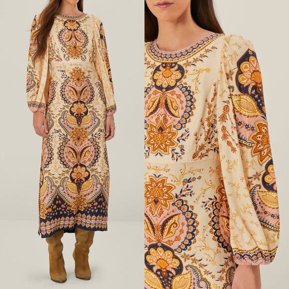 Farm Rio Boho Paisley Midi Dress Beige Long Sleeve Size Medium NWT - Picture 1 of 13